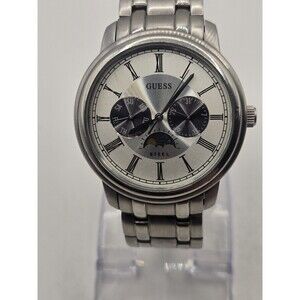 Guess Steel Day Date Moonphase 39mm Men's Stainless Steel Watch. 7.25" Band.